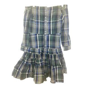 Gianni Bini Mini Dress S Blue Tartan Off Shoulder Button Up Preppy Schoolgirl